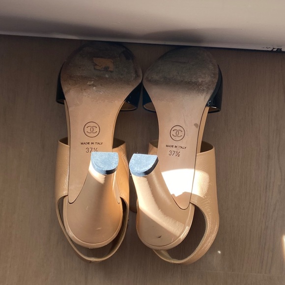 Chanel Open Toe Sandals Heels 37.5 Black Beige - Picture 8 of 9